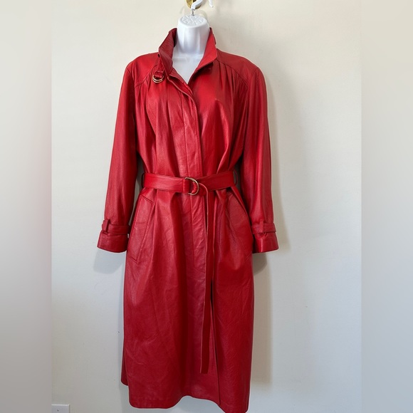 Vintage Red Genuine Leather Belted Trench Coat By Breier of Amsterdam Size 10 - Picture 7 of 16